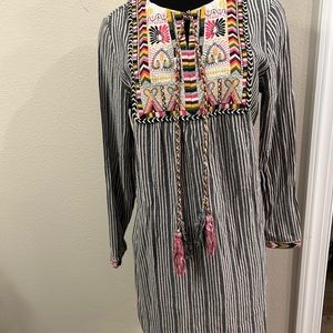 philosophy Striped Embroidered Bib tassel detail Long Sleeve Tunic Dress L